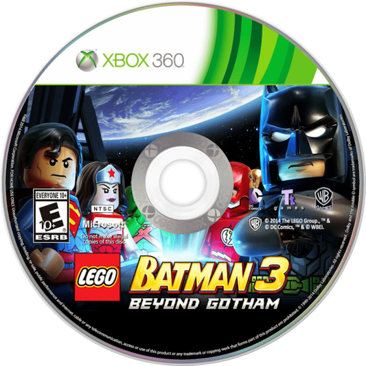 LEGO Batman 3 Beyond Gotham Xbox 360 action-adventure video game Batman Robin Justice League Lantern worlds outer space setting Brainiac villain character swapping puzzle solving brick-building humor DC Comics superhero roster Lantern rings powers co-op gameplay disc