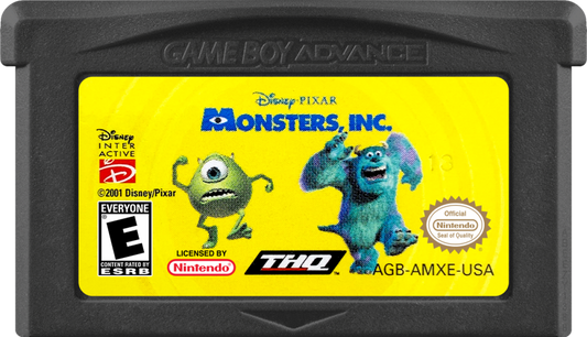 Disney Pixar Monsters, Inc. platformer retro video game for Nintendo Game Boy Advance (GBA), featuring Sulley and Mike Wazowski cartridge