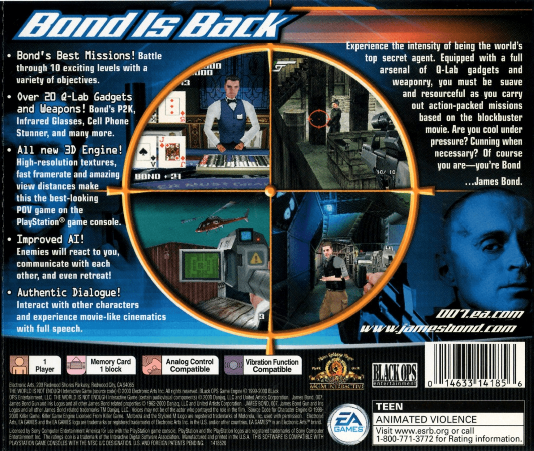 007: The World is Not Enough back of case for PlayStation 1 (PS1) retro James Bond video game