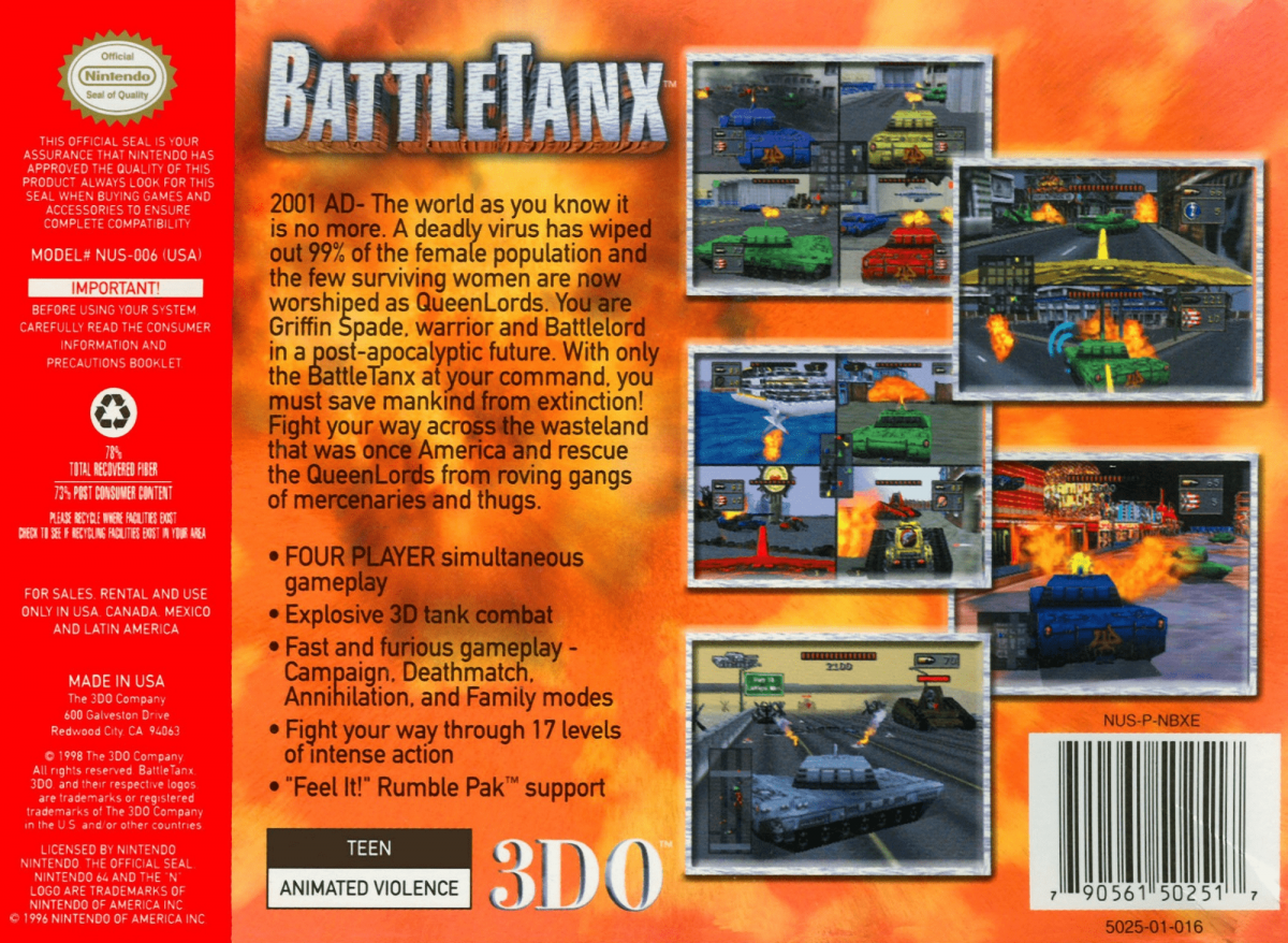 Battletanx back cover art for Nintendo 64 (N64) video game