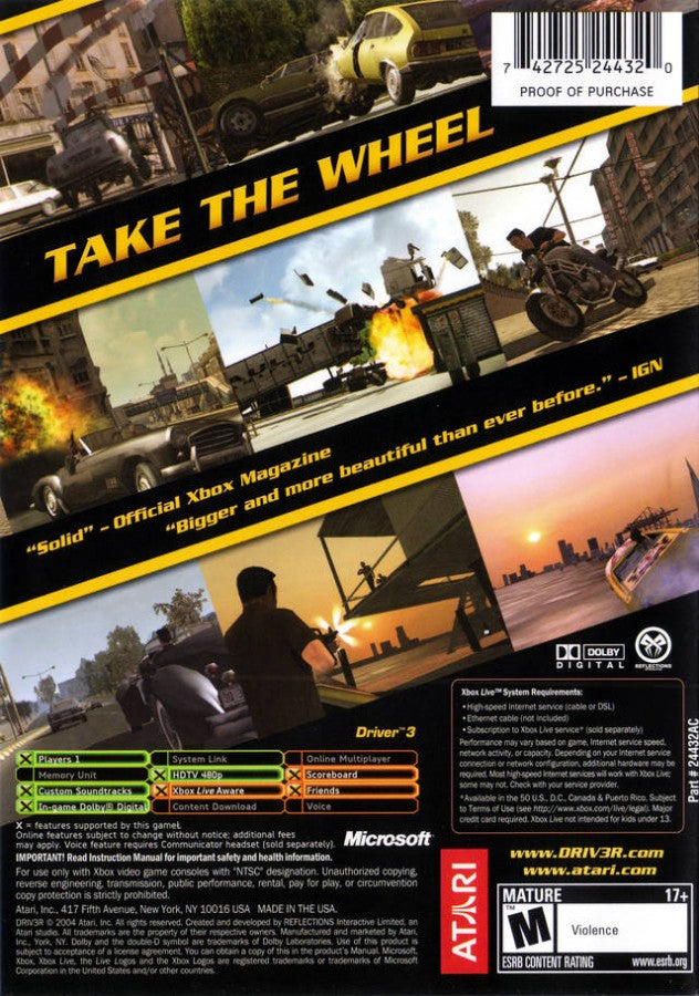 Driver 3 back cover art for Xbox (XBOX) video game