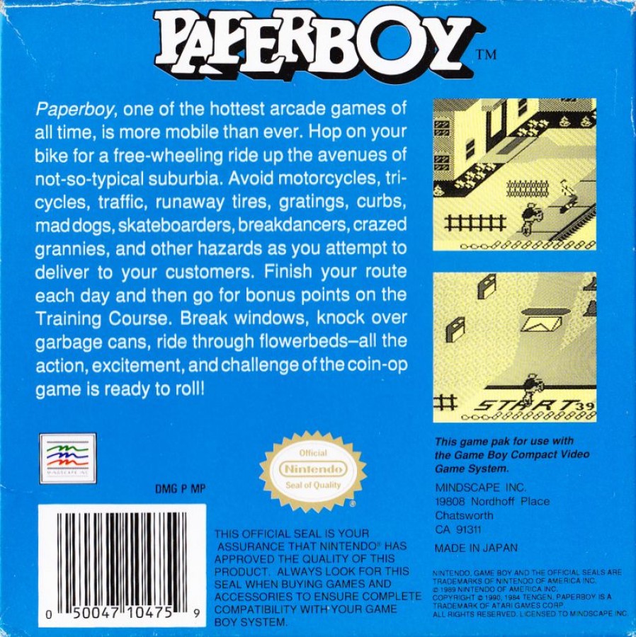Paperboy back cover art for Game Boy (GB) video game