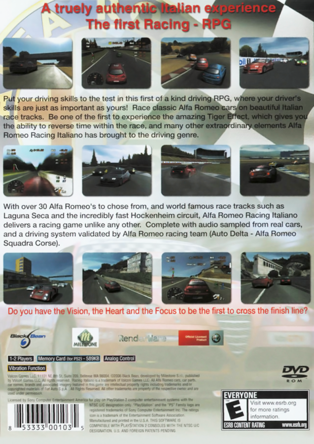 Retro Alfa Romeo Racing Italiano PS2 inspired design featuring exotic European sports car racing aesthetic vintage PlayStation 2 Italian automotive culture realistic driving simulation high speed circuits sleek performance vehicles nostalgic racing game presentation - back of case