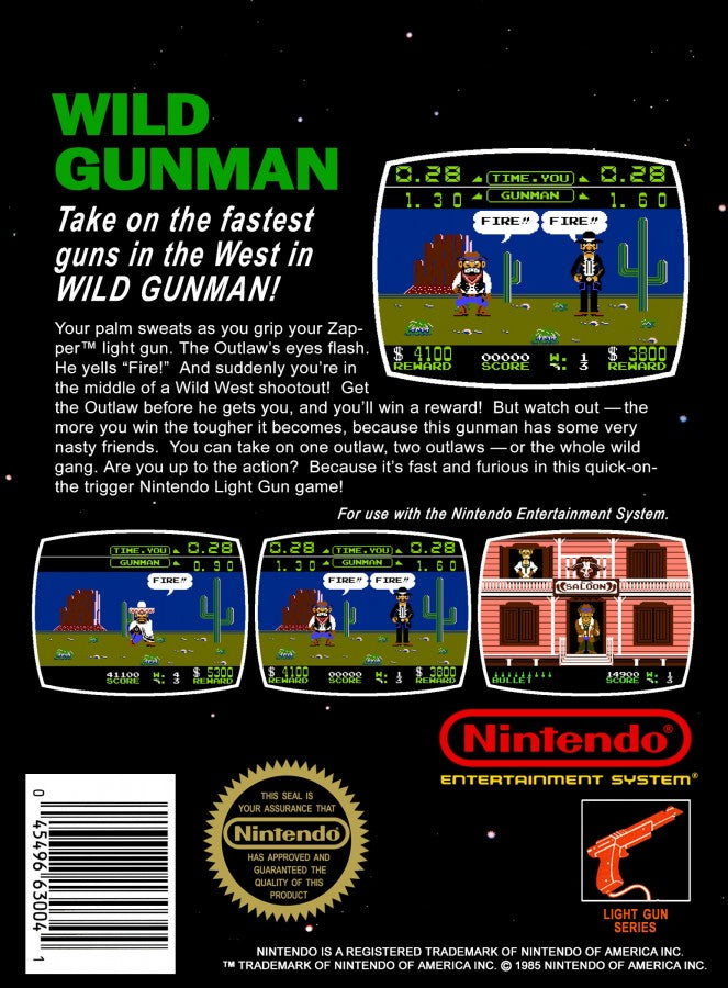 Wild Gunman 5 Screw Nintendo Entertainment System NES video game featuring light gun shooting gameplay Wild West quick draw duels cowboy showdowns fast reflex challenges target shooting arcade action and classic 8 bit Nintendo gameplay retro video game collection collectible gaming appeal back cover art