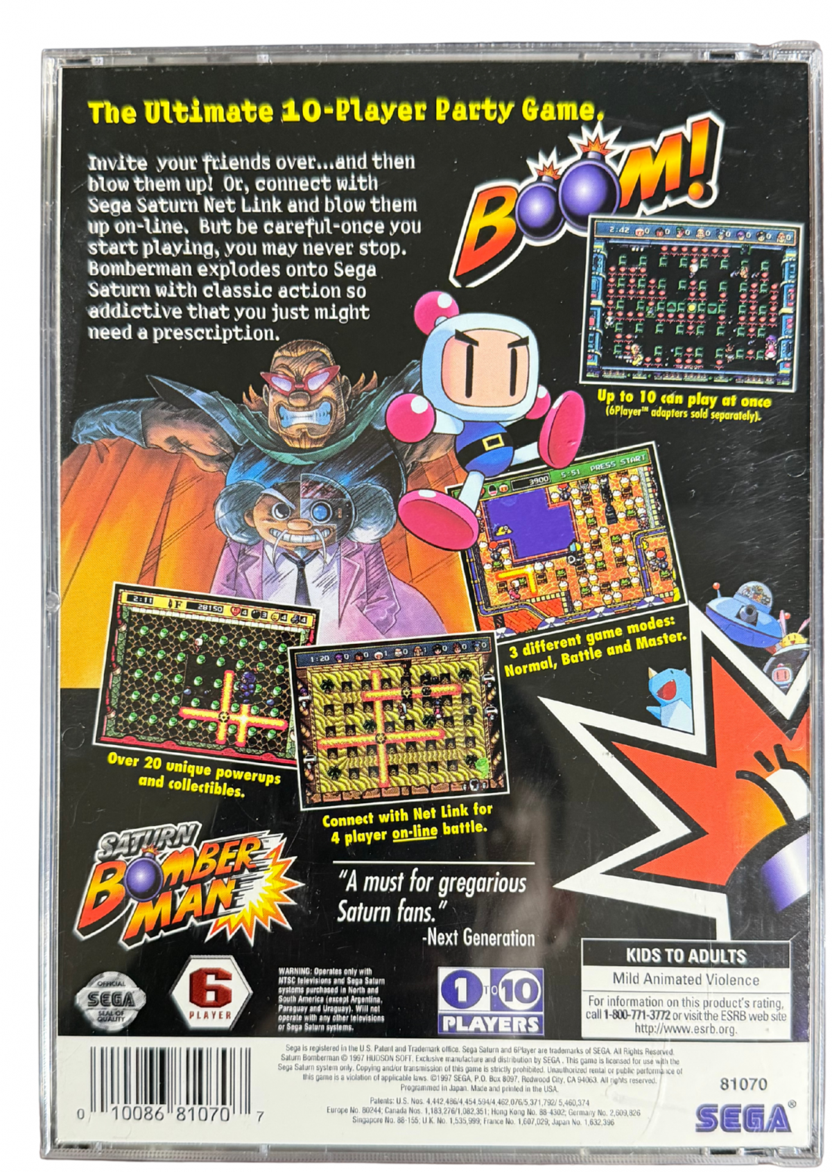 Saturn Bomberman Sega Saturn multiplayer party game classic Bomberman arcade action maze battles bomb placement strategy Hudson Soft cooperative and versus modes retro gaming Sega Saturn software video game title back cover art