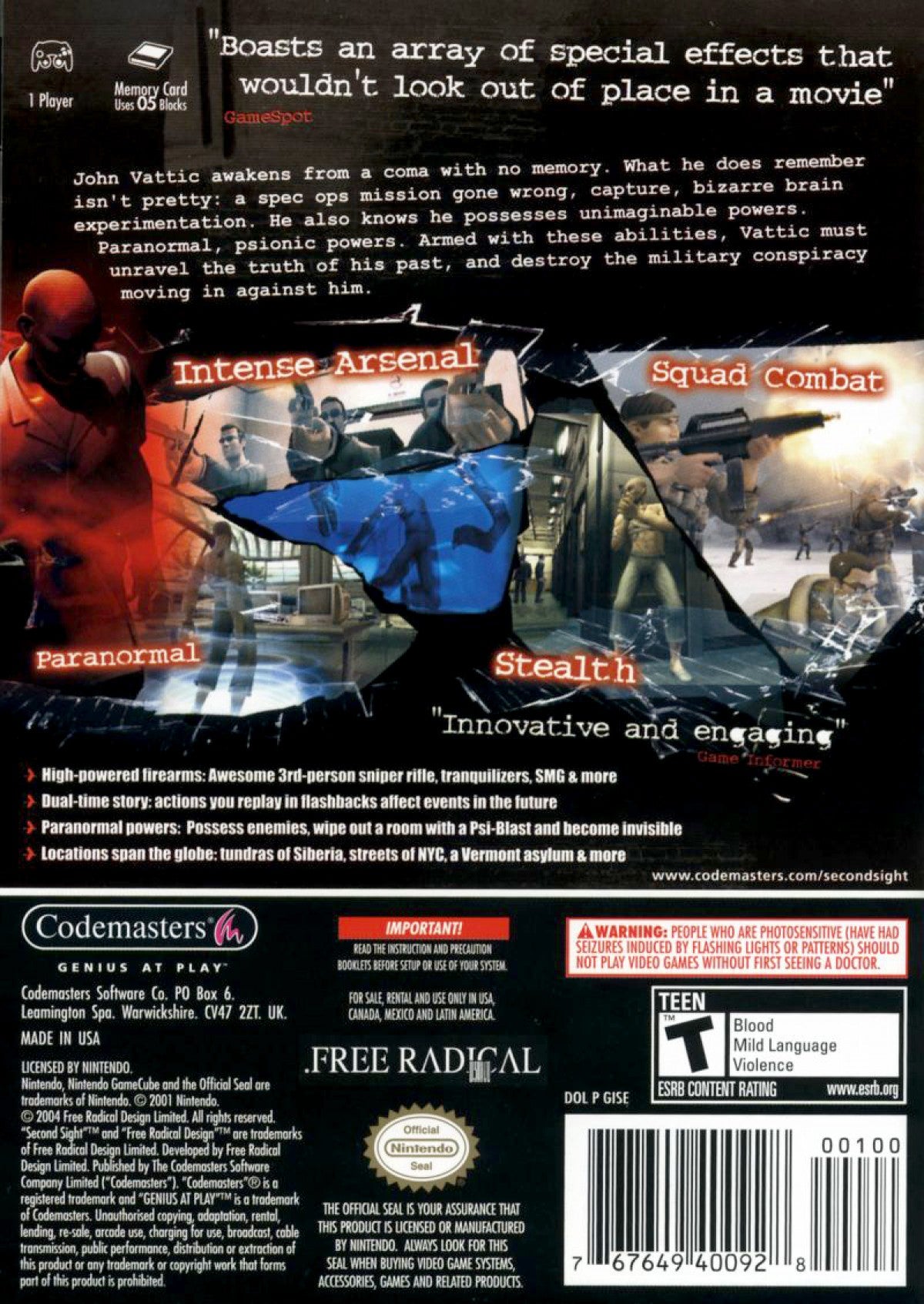 Second Sight Nintendo GameCube for retro video game enthusiasts featuring action adventure gameplay psychic abilities stealth mechanics third person combat suspenseful storytelling puzzle solving and collectible gaming appeal back art