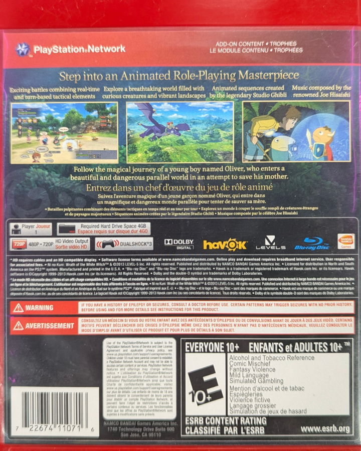Ni no Kuni Wrath of the White Witch Greatest Hits PlayStation 3 JRPG Studio Ghibli animated visuals Level-5 developer Joe Hisaishi musical score Oliver and Drippy journey familiar taming monster collection real-time combat emotional story saving mother enchanting fantasy world back cover