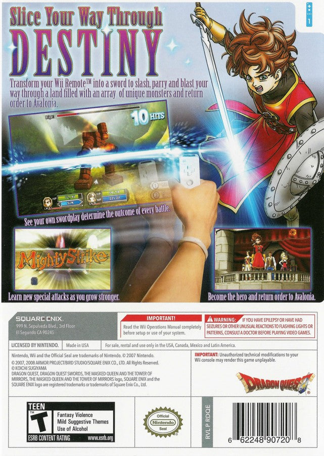 Dragon Quest SwordsThe Masked Queen and the Tower of Mirrors back cover art for Nintendo Wii (Wii) video game.