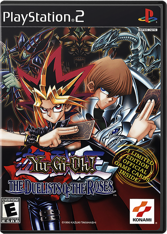 PlayStation 2 game case for Yu-Gi-Oh! The Duelists of the Roses with characters and Konami logo.