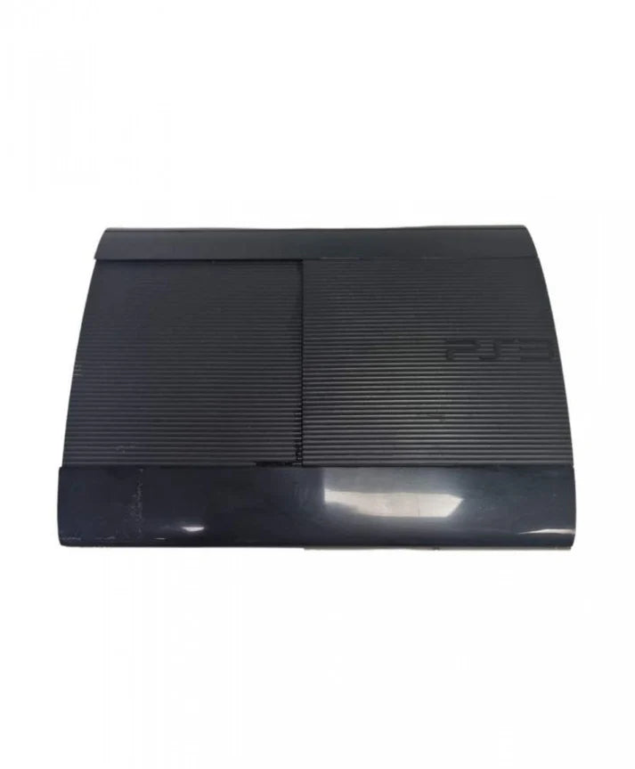 PlayStation 3 Super Slim 250GB console system featuring compact sliding disc design HDMI output online connectivity and 250GB storage includes third party controller shows scratches and scuffs from use but remains fully functional for gaming and media playback