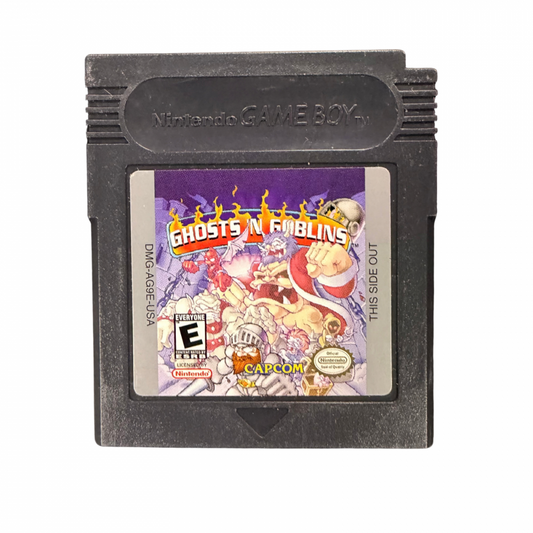 Ghosts n Goblins Game Boy Color GBC video game featuring action platforming gameplay Arthur knight adventure monster battles haunted environments weapon attacks challenging levels boss fights and classic handheld arcade action retro video game collection collectible gaming appeal front of cartridge