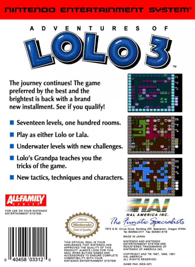 Adventures of Lolo 3 back of box image for Nintendo Entertainment System NES retro video game