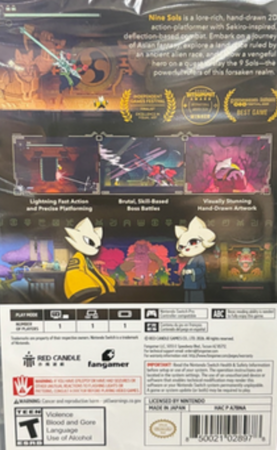 Nine Sols Nintendo Switch inspired design featuring hand drawn action platform adventure aesthetic futuristic Taopunk world precise combat challenging boss battles mystical sci fi mythology atmospheric exploration metroidvania gameplay presentation back cover