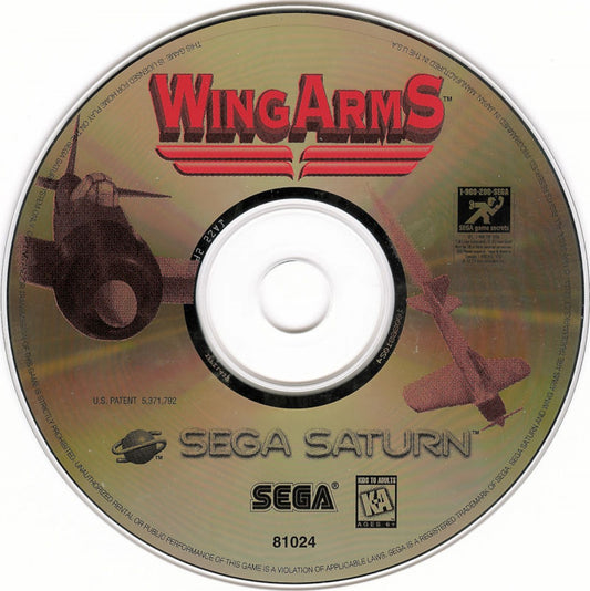 Wing Arms Sega Saturn flight combat simulator aerial dogfighting missions World War style aircraft third person flight action campaign mode Hudson Soft arcade style flying gameplay retro Saturn game Sega Saturn software video game title disc