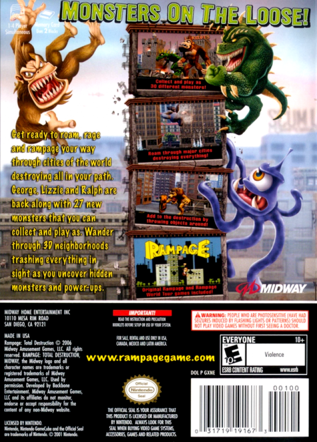 Rampage: Total Destruction back of case for Nintendo GameCube (GC) monster fighting action video game