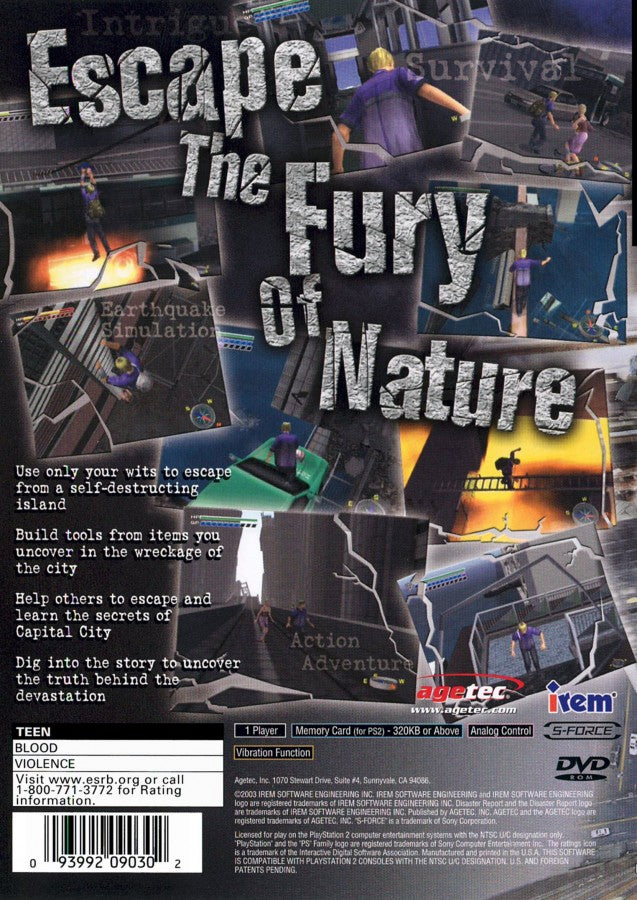 Disaster Report back of case for PlayStation 2 (PS2) survival action-adventure video game