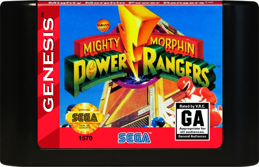 Mighty Morphin Power Rangers retro Sega Genesis video game featuring side scrolling action combat, superhero battles, cooperative gameplay and classic Genesis entertainment - cartridge