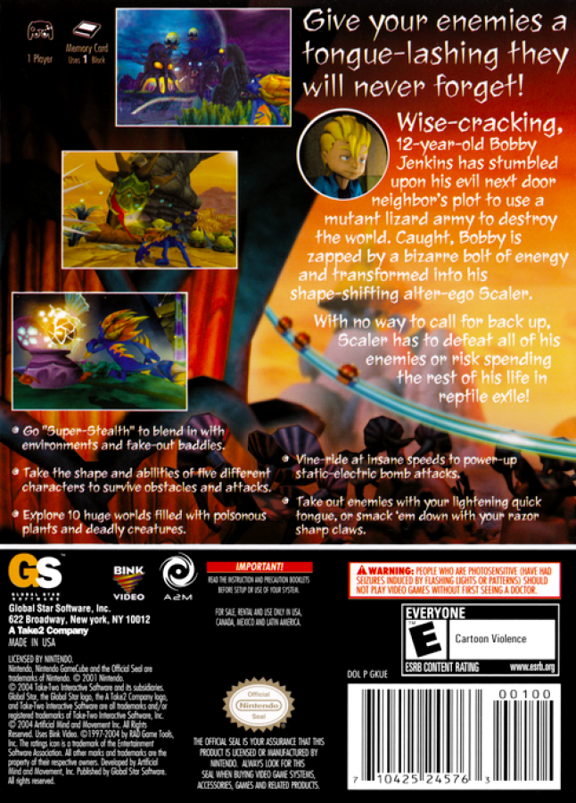 Back cover art for Scaler GameCube game featuring colorful 3D platforming gameplay with reptile-based abilities and exploration