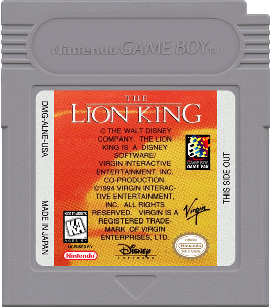 The Lion King cartridge art for Game Boy (GB) video game