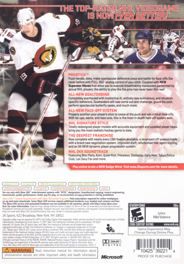 NHL 2K8 back of case for Xbox 360 (X360) sports ice hockey video game