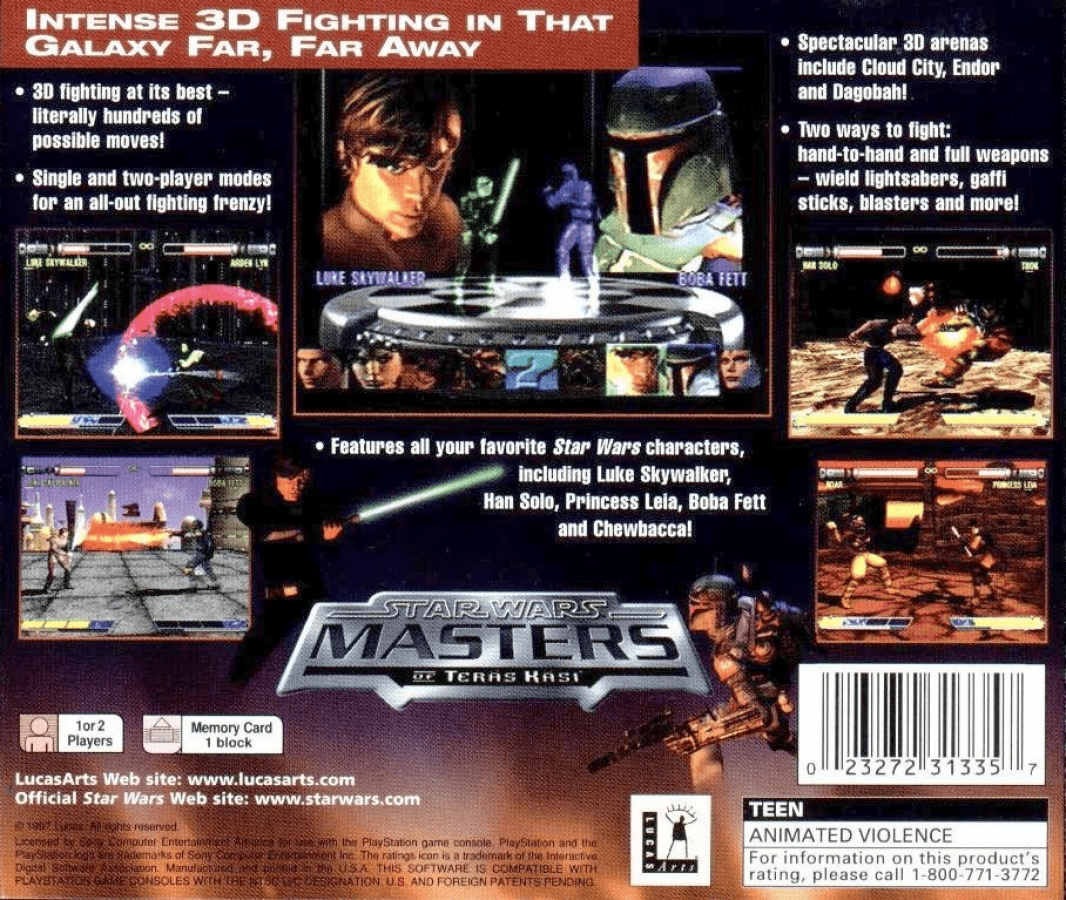 Star Wars: Masters of Teräs Käsi back of case for PlayStation 1 (PS1) fighting video game