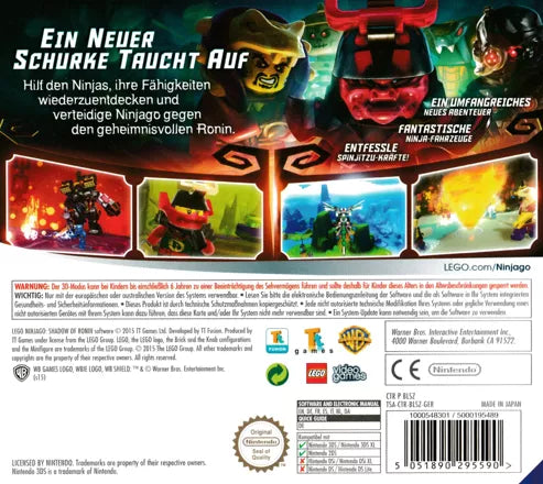 LEGO Ninjago Shadow of Ronin game back cover art for Nintendo 3DS video game.
