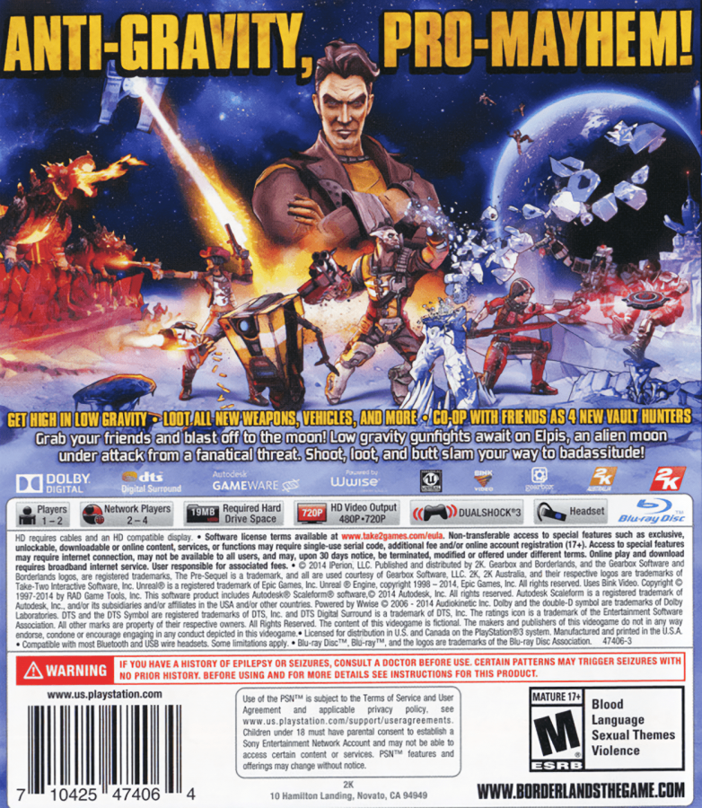 Borderlands: The Pre-Sequel back cover art for PlayStation 3 (PS3) video game