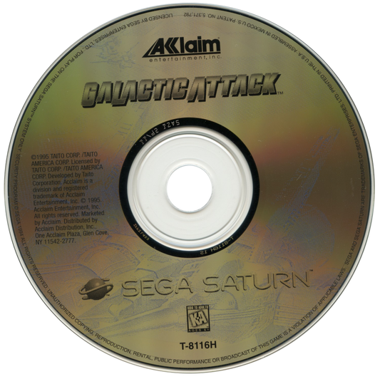 Galactic Attack Sega Saturn vertical scrolling shoot em up shmup arcade space shooter layered sprite graphics fast paced enemy waves power ups sci fi spaceship combat Taito arcade classic retro gaming Sega Saturn software video game title disc
