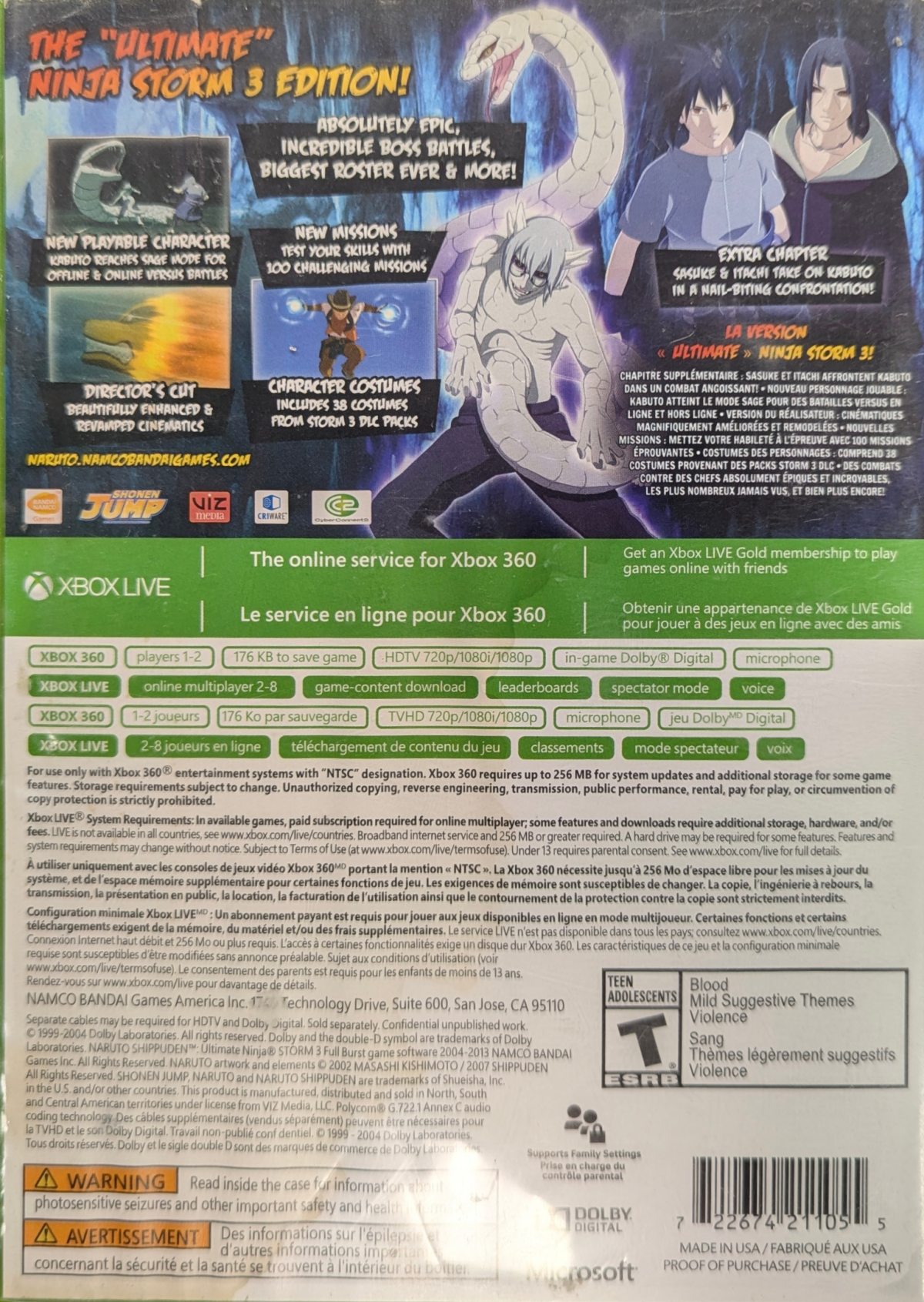 Naruto Shippuden Ultimate Ninja Storm 3 Full Burst Xbox 360 X360 anime fighting game featuring Naruto Uzumaki ninja battles chakra attacks special jutsu cinematic boss fights versus mode expanded Full Burst content and collectible Naruto gaming appeal back cover