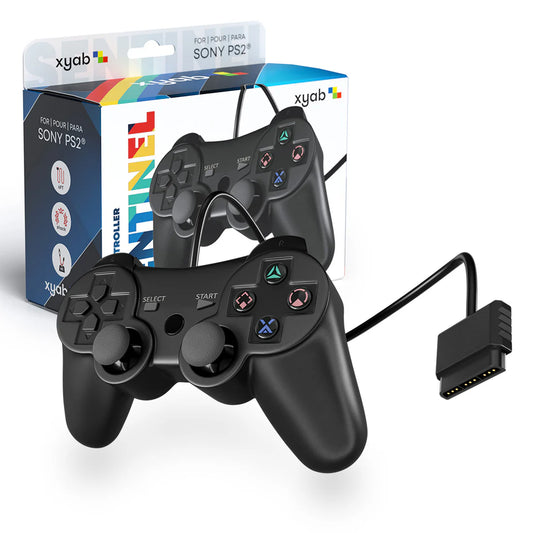 XYAB brand 1-to-1 third-party wired controller for PlayStation 2 in black featuring analog sticks, directional pad, action buttons, and dual shoulder buttons