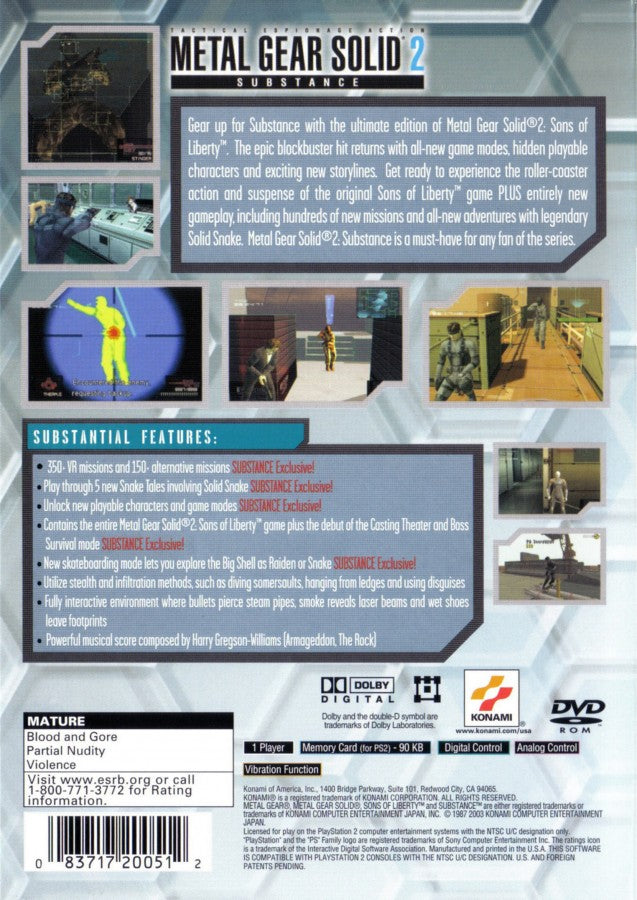 Metal Gear Solid 2 Substance PS2 Sony PlayStation 2 stealth action game tactical espionage gameplay Hideo Kojima Solid Snake Raiden infiltration missions stealth mechanics cinematic story enhanced edition extra missions VR training retro gaming PlayStation 2 software video game title back cover art