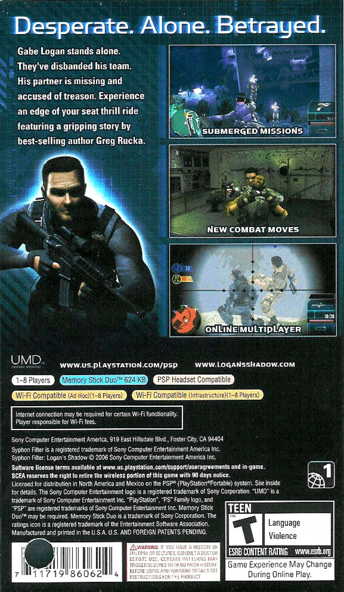 Syphon Filter: Logan's Shadow back of case for PlayStation Portable (PSP) stealth action shooter game