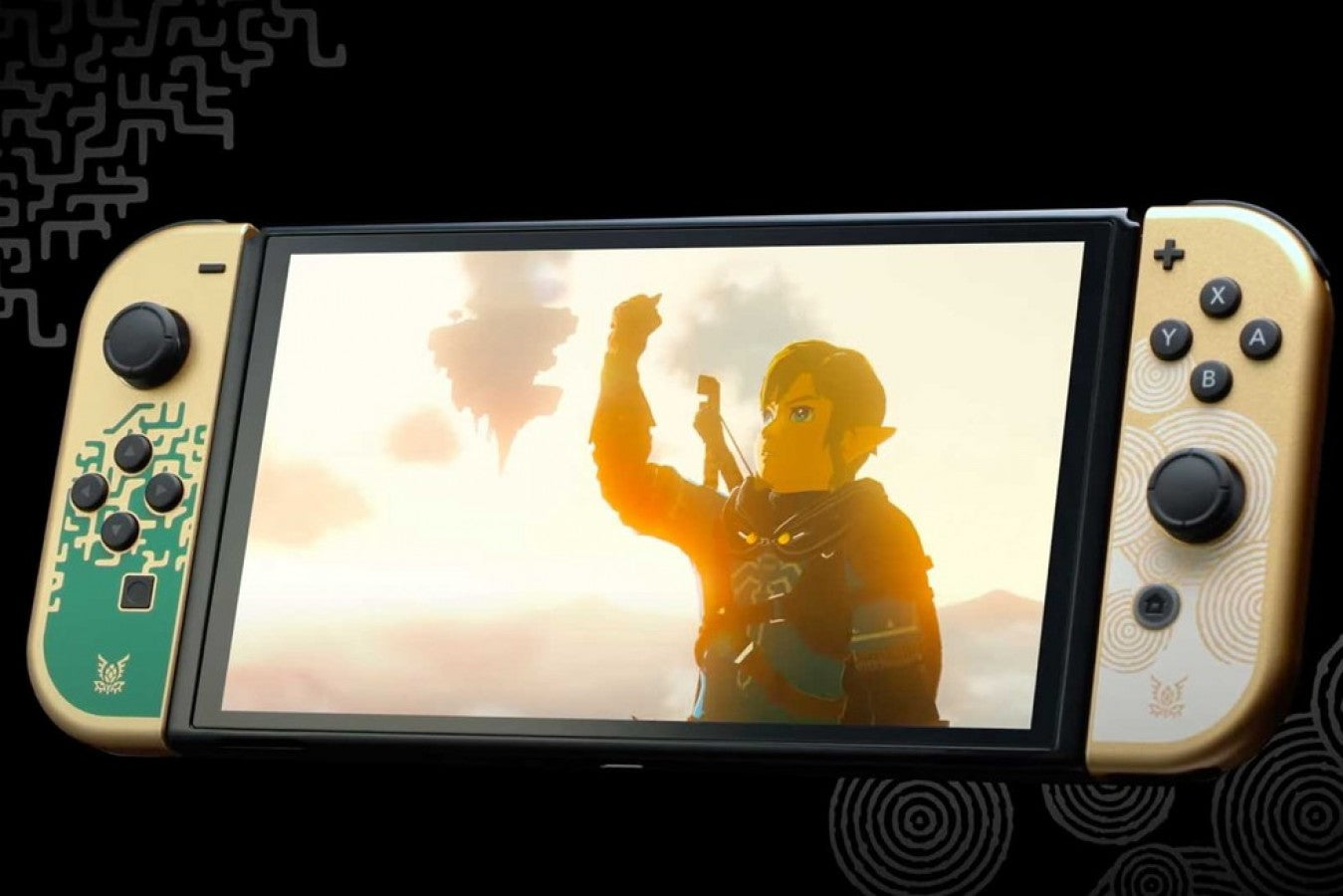 The Legend of Zelda Tears of the Kingdom Nintendo Switch OLED featuring themed gold and green design with vibrant display front console playing tears of the kingdom