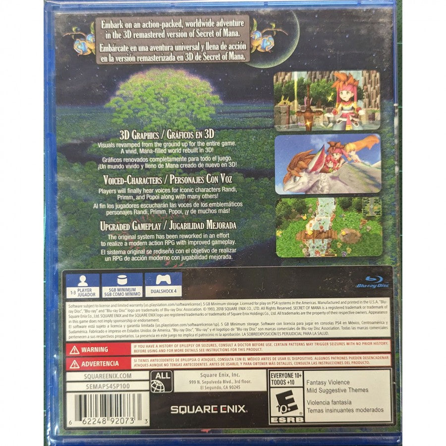 Secret of Mana retro PS4 video game Secret of Mana action RPG fantasy adventure real time combat classic JRPG remake cooperative gameplay console release back cover