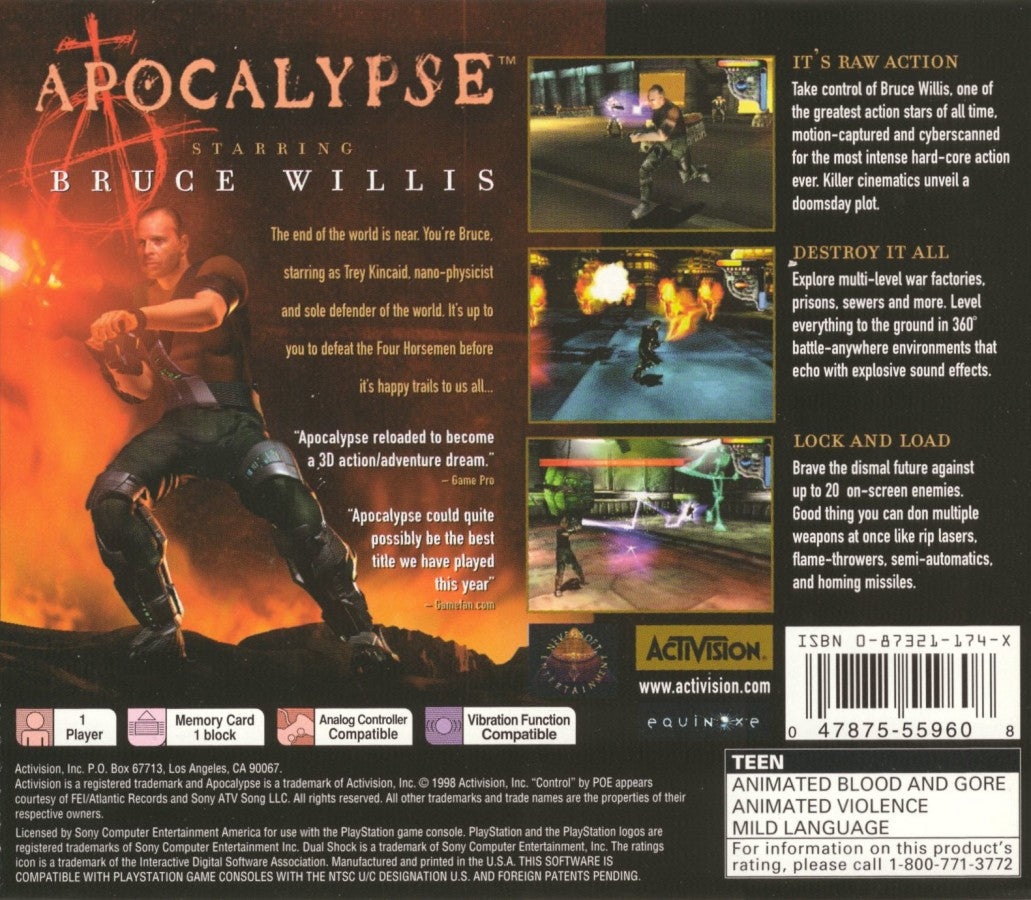 Apocalypse retro sci-fi action run and gun shooter game for PlayStation 1 (PS1) back of case