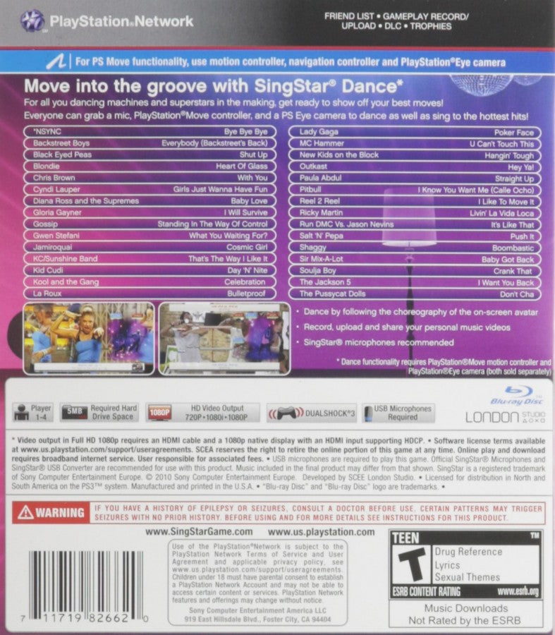 SingStar Dance back cover art for PlayStation 3 (PS3) video game