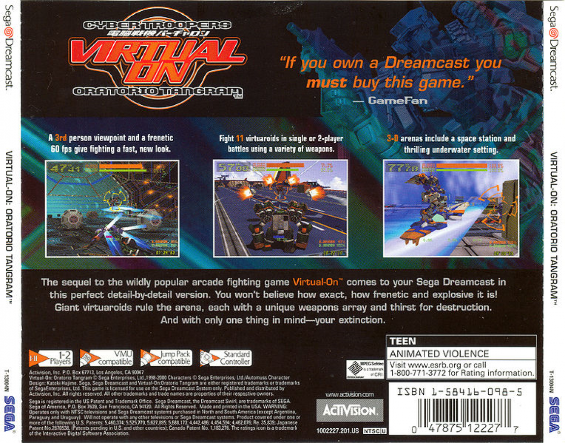 Virtual-On Oratorio Tangram Dreamcast featuring fast-paced mech combat gameplay with futuristic arena battles back cover art