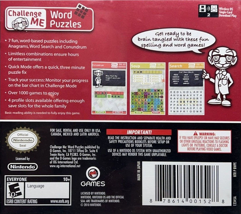 Challenge Me Word Puzzles for Nintendo DS, back of case for a puzzle video game with word challenges, vocabulary gameplay, brain training exercises, and multiple game modes