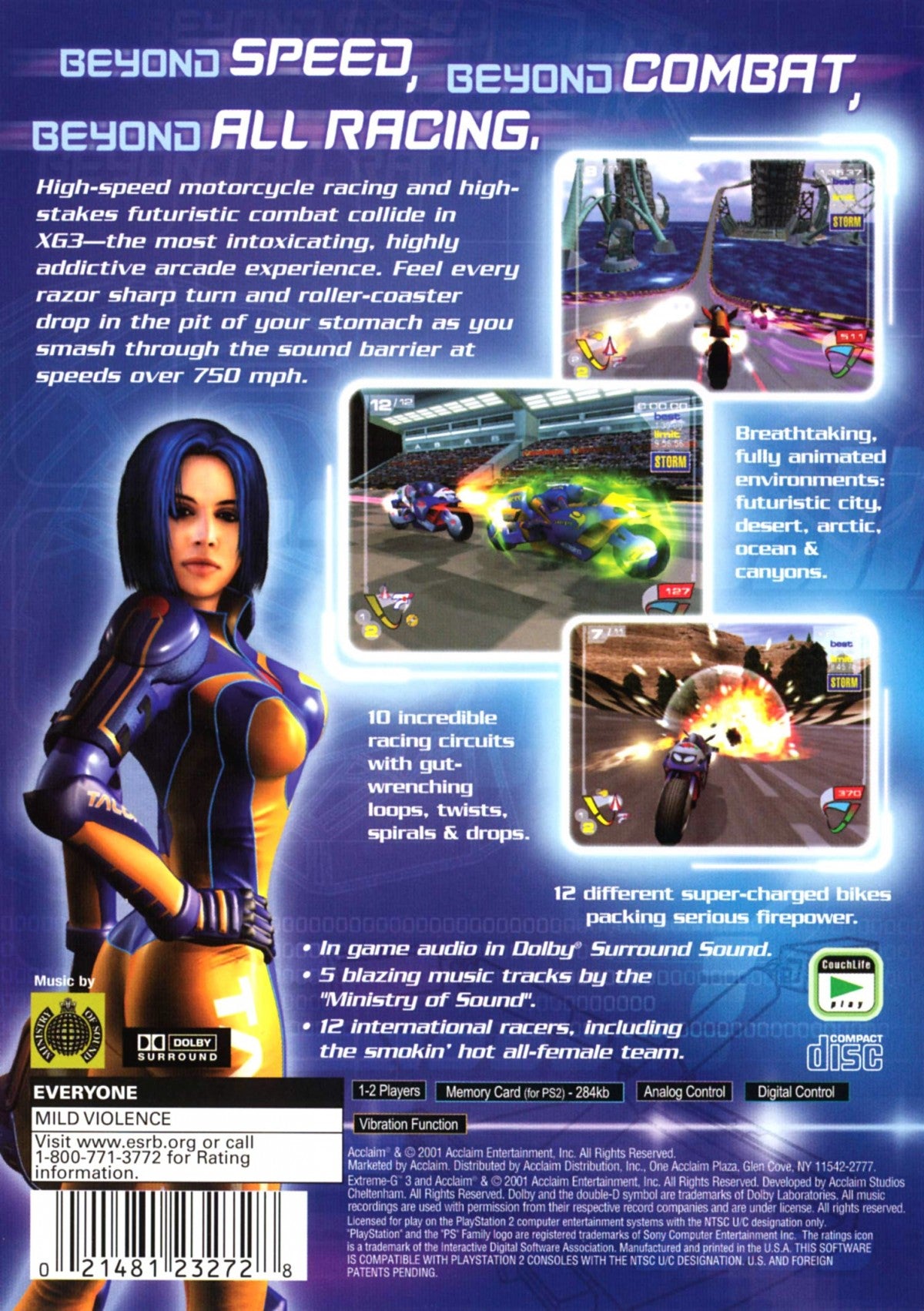 XG3: Extreme G Racing – PlayStation 2 (PS2) video game back of case, futuristic racing.
