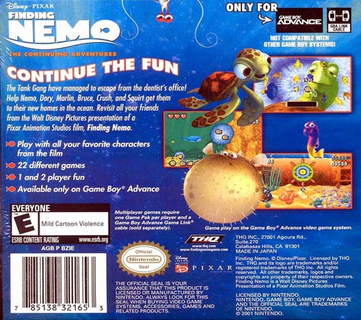 Disney Pixar Finding Nemo The Continuing Adventures for Game Boy Advance (GBA), back of case for a retro video game featuring action-adventure gameplay, underwater exploration, character-based missions, puzzle-solving, and movie-inspired challenges