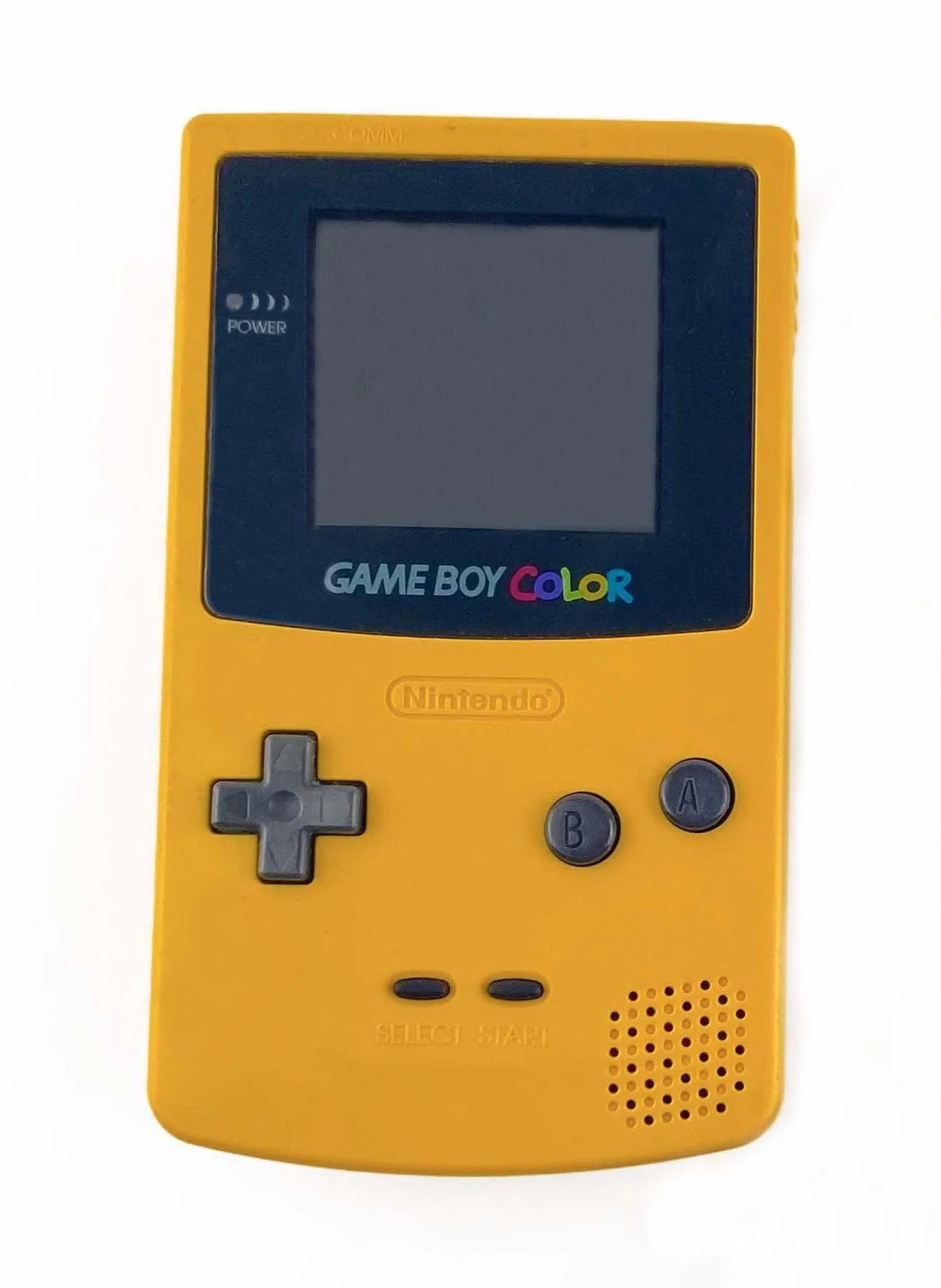 Front view of a yellow Nintendo Game Boy Color handheld console with screen, buttons, and speaker visible.