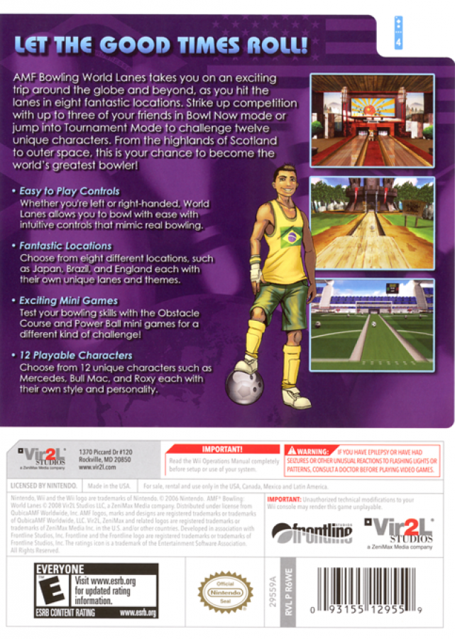 AMF bowling World Lanes back cover art for Nintendo Wii video game.