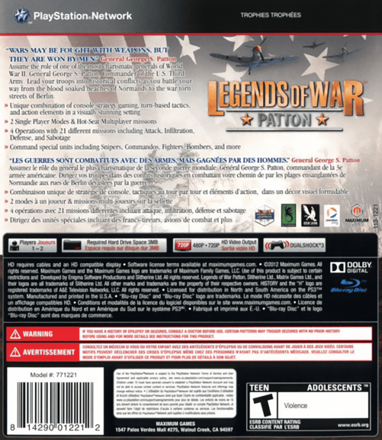 History Legends of War Patton back cover art for PlayStation 3 PS3 video game