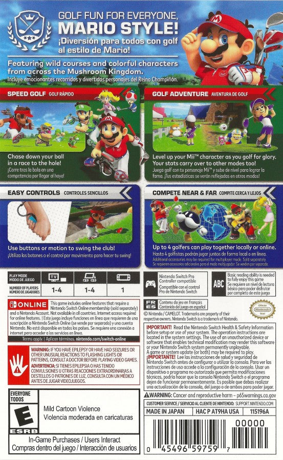 Mario Golf Super Rush for Nintendo Switch arcade golf sports game featuring Mario characters speed golf motion controls multiplayer tournaments and colorful courses back cover