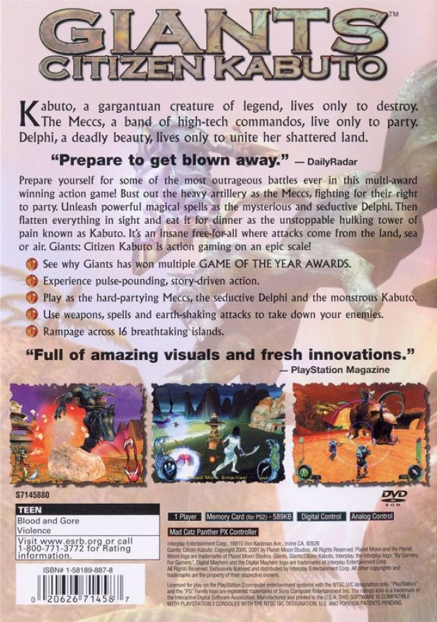 Giants: Citizen Kabuto back of case for PlayStation 2 (PS2) sci-fi action-adventure real-time strategy hybrid video game