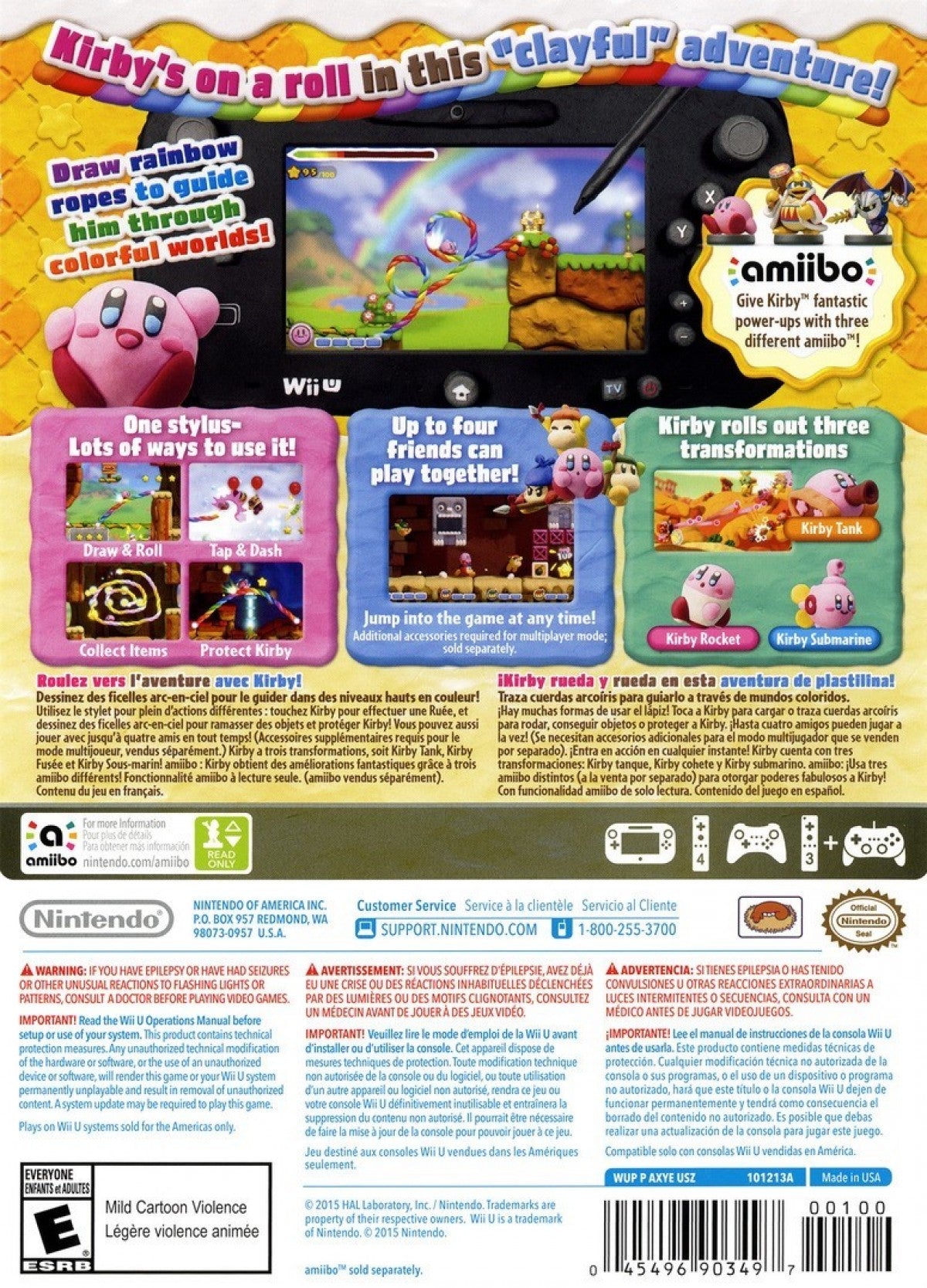 Kirby and the Rainbow Curse back cover art for Nintendo Wii U (Wii U) video game.