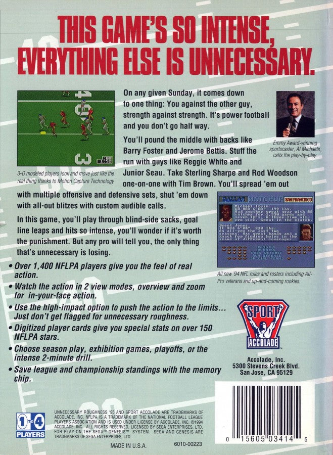 Unnecessary Roughness 95 back cover art for Sega Genesis GEN video game