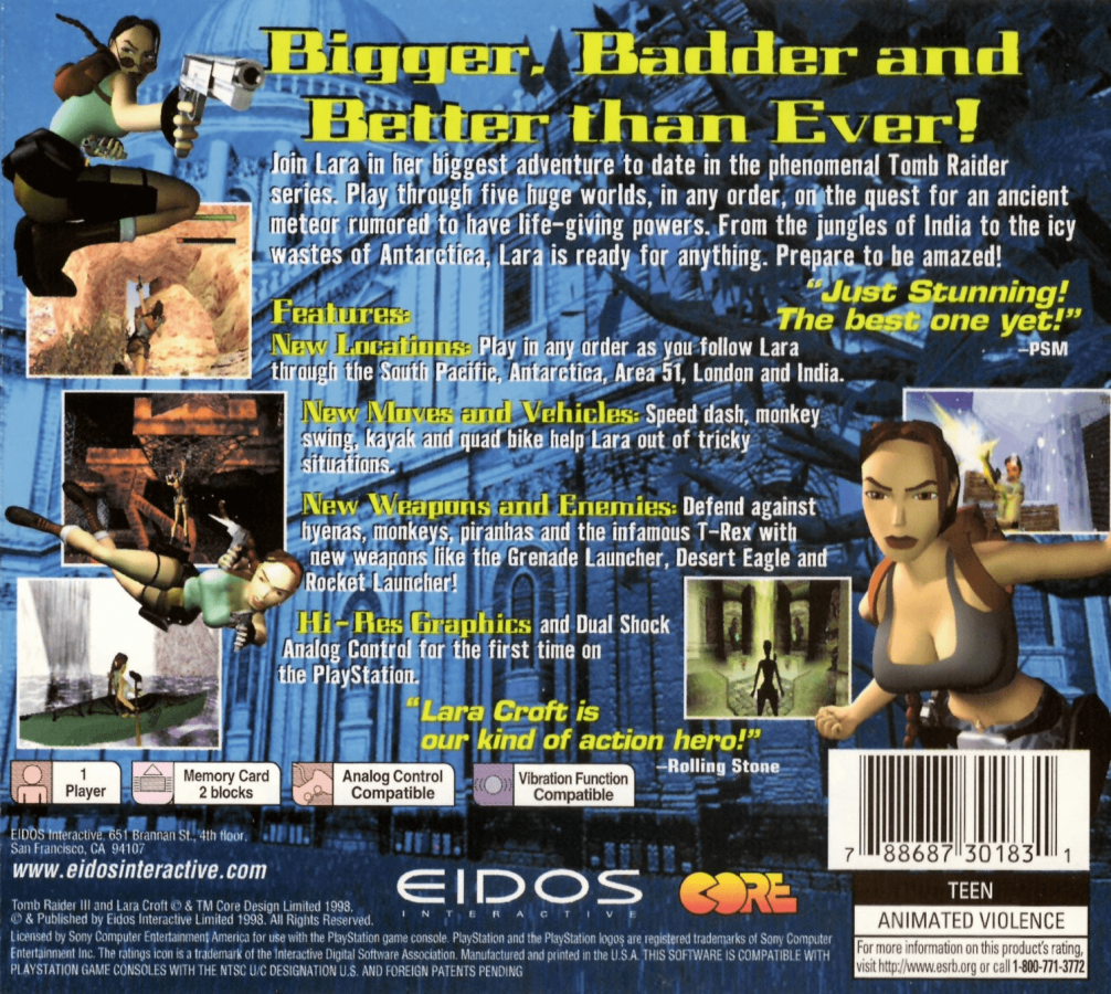 Tomb Raider III back of case for PlayStation 1 (PS1) action-adventure video game