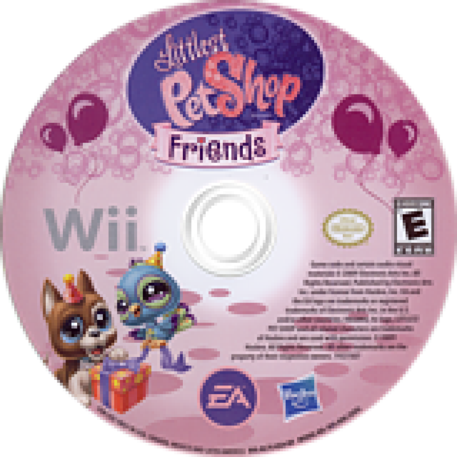 Littlest Pet Shop Friends Wii game disc with characters and branding on a pink background