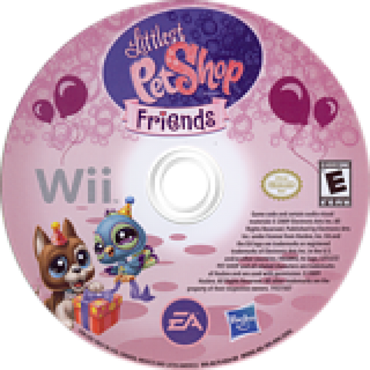 Littlest Pet Shop Friends Wii game disc with characters and branding on a pink background